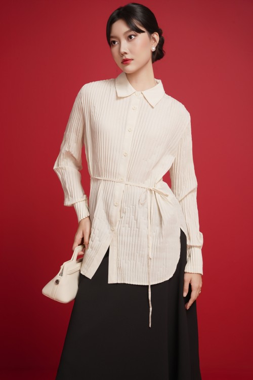 Cream Pleated Woven Shirt
