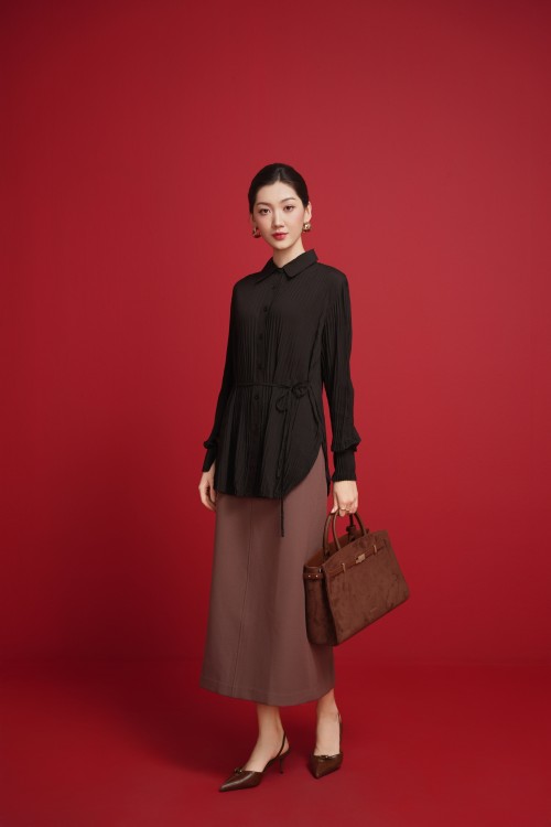 Black Pleated Woven Shirt