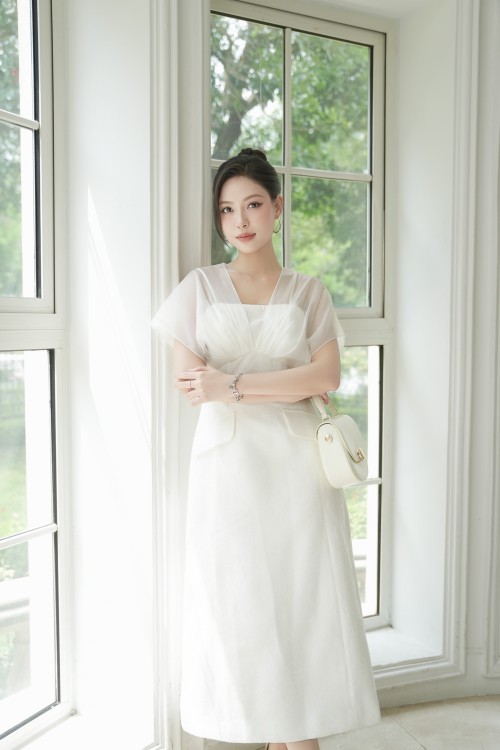 White Brocade Flared Dress