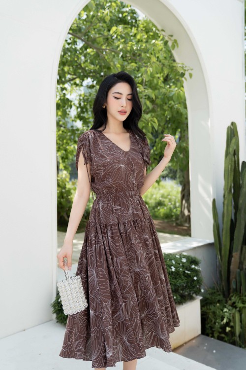 V-neck Floral Midi Chiffon Dress