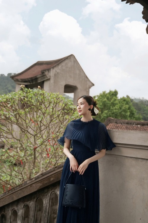 Sixdo Navy Voile Flared Dress