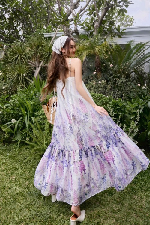 Sixdo White Lavender Organza Maxi Dress