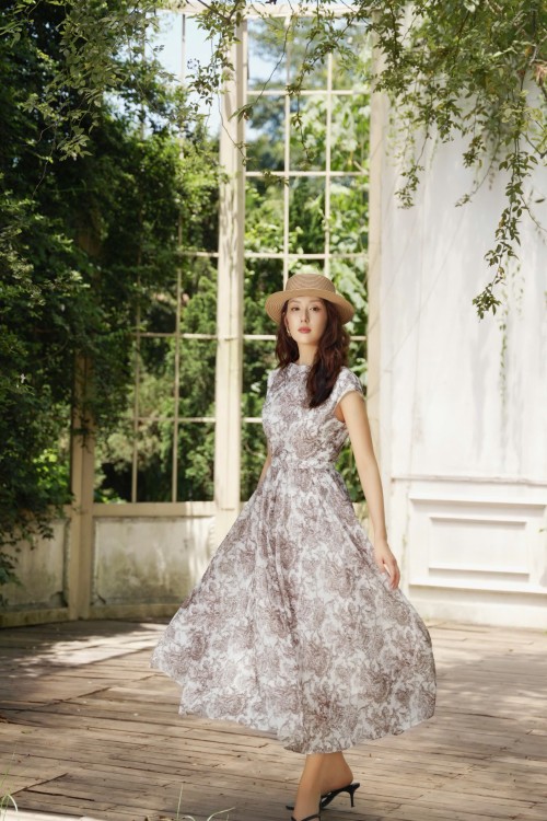 Off White Graphic Organza Flared Dress